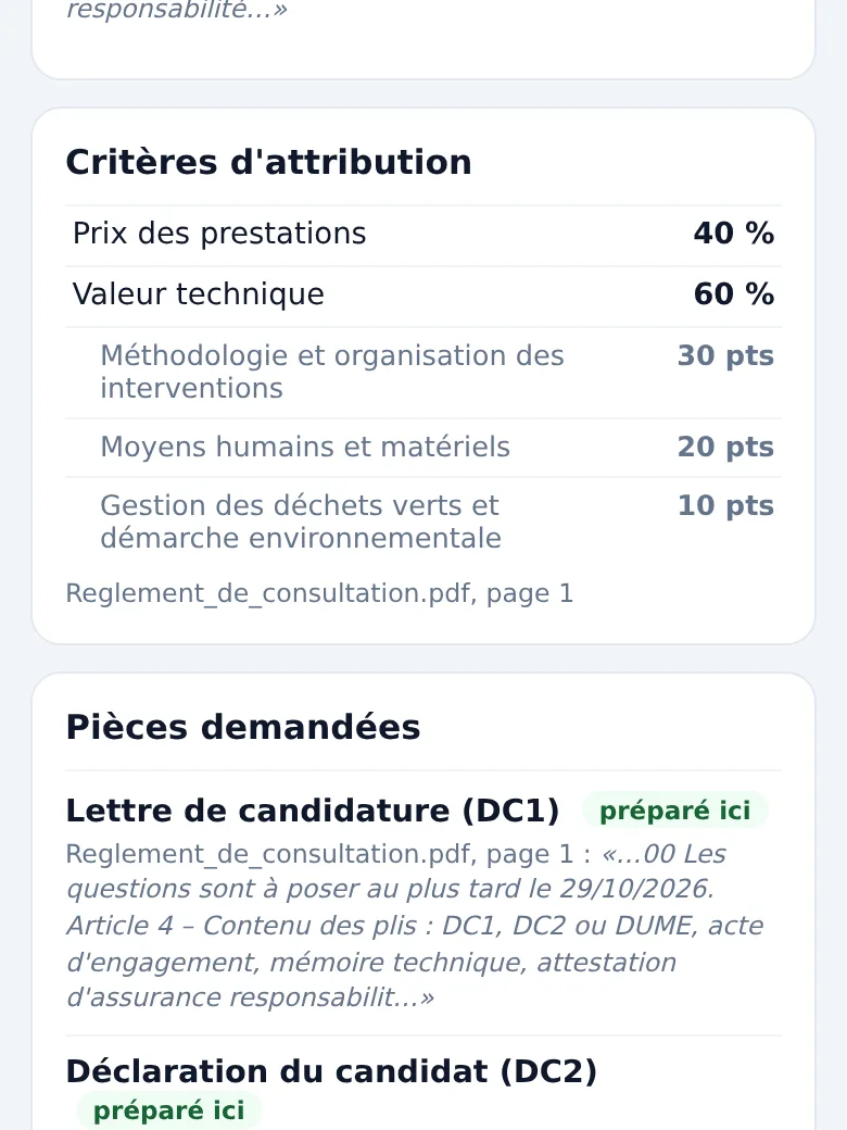 Les critères lus dans un règlement : prix 40 %, valeur technique 60 % et trois sous-critères, puis les pièces demandées.