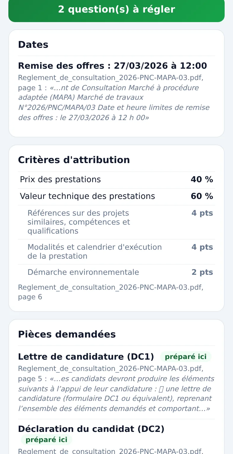 Lecture du règlement 2026/PNC/MAPA/03 : remise le 27/03/2026 à 12 h, critères prix 40 % et valeur technique 60 %, chacun avec sa page.