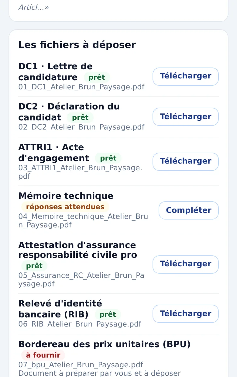Les fichiers à déposer, nommés 01_DC1, 02_DC2, 03_ATTRI1…, chacun prêt, à compléter ou à fournir.
