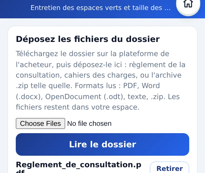 Déposer le dossier de consultation : choix des fichiers, puis « Lire le dossier ».