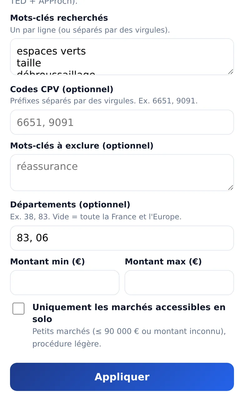 Le panneau « Ma recherche » ouvert : mots-clés, codes CPV, départements, montant.