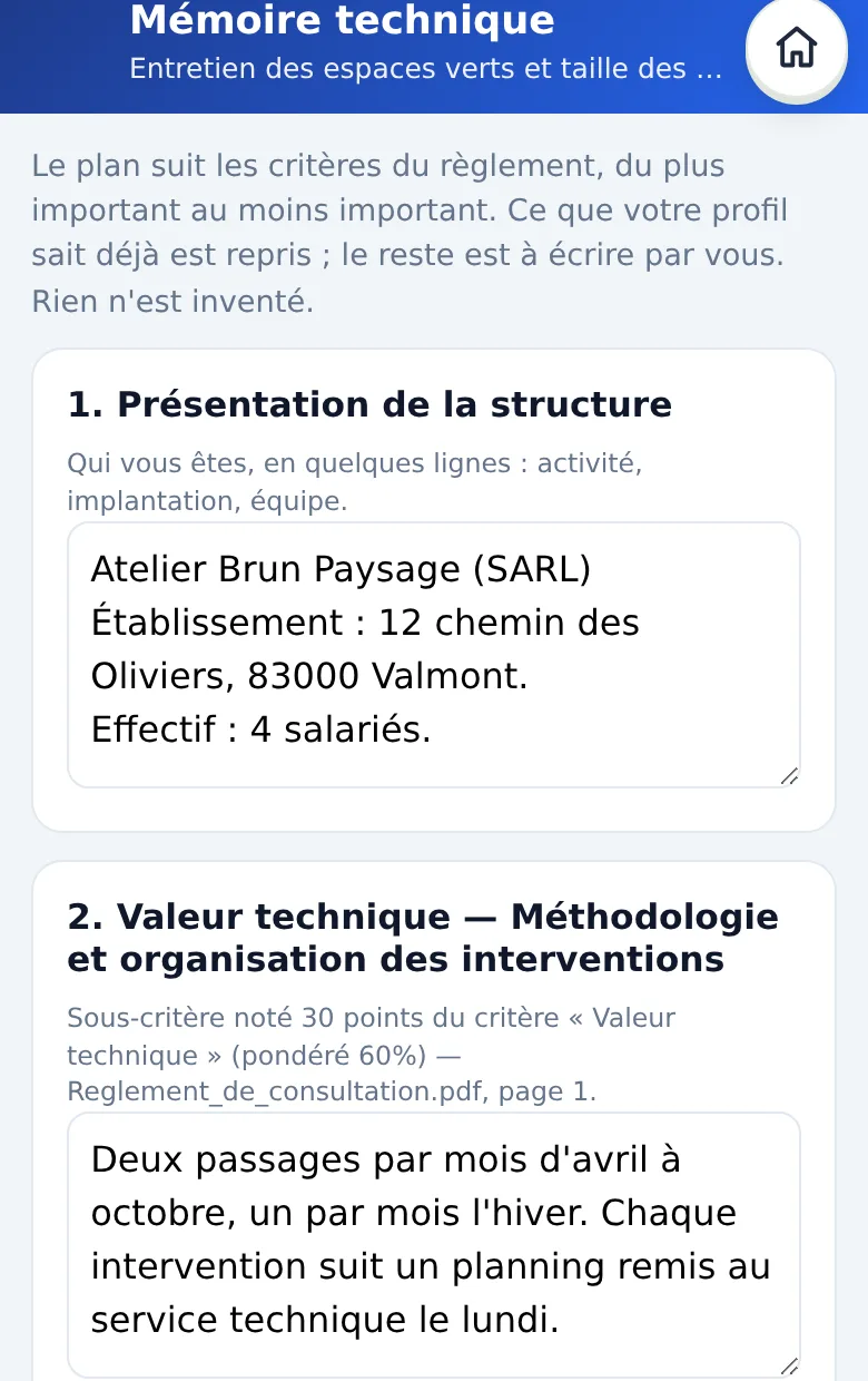 Le mémoire technique : une partie par sous-critère, avec son poids et sa source, et le texte à écrire.