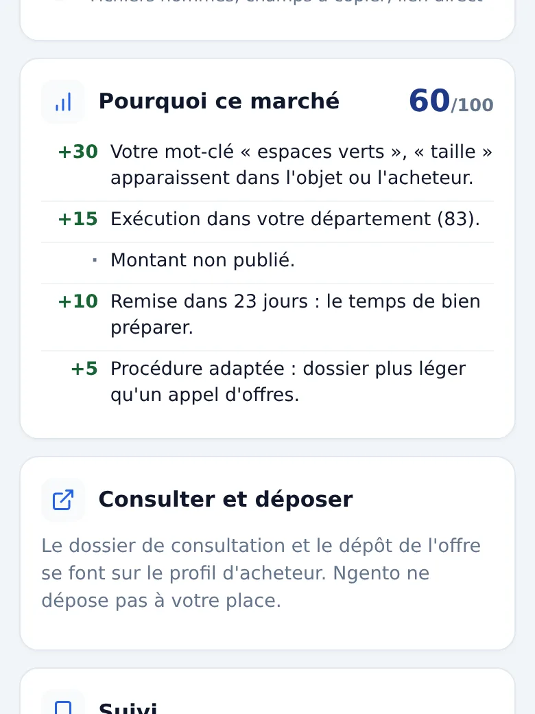 « Pourquoi ce marché », 60 sur 100 : mots-clés trouvés, département, délai et procédure ; montant non publié pour cet avis.